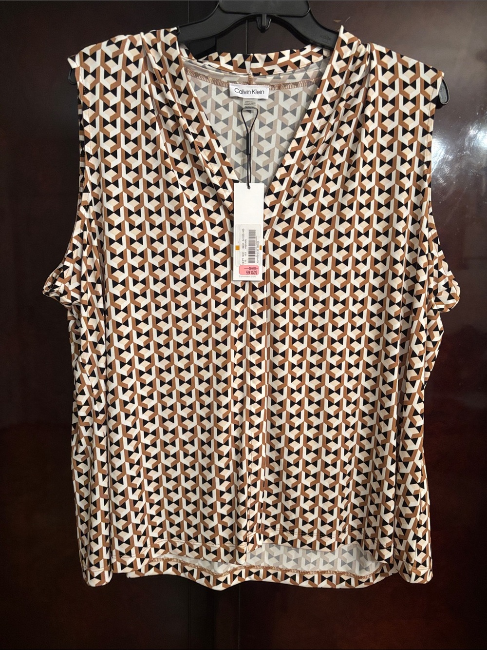 NWT Calvin Klein Size 3X Brown and Cream Geometric Sleeveless Blouse